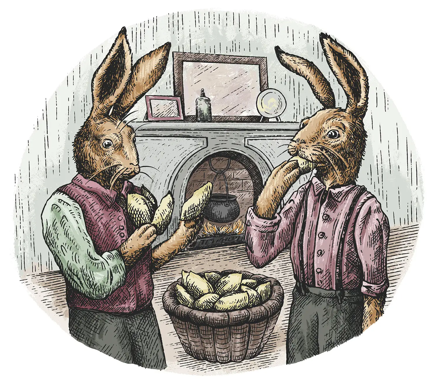 Illusztráció a régi mesék stílusában, fekete-fehér vonalas, színes: A két nyúl a cikória finom leveleit kóstolgatja. A háttérben a kandalló látható, a tűz fölött álló üsttel.