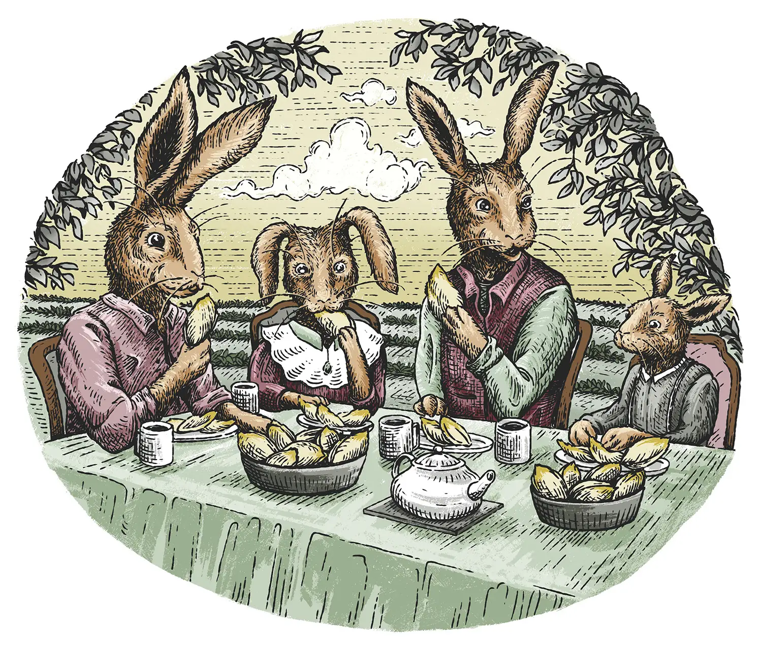 Illusztráció a régi mesék stílusában, fekete-fehér vonalas, színes: A két nyúl ásás után felfedezi, hogy a cikória gyökerei zsenge, világoszöld hajtásokat hajtottak.